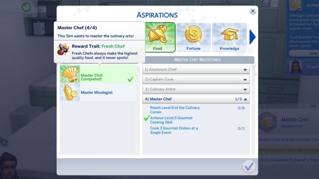 A screenshot from The Sims 4 showing off the fresh chef trait you get from finishing the master chef aspiration