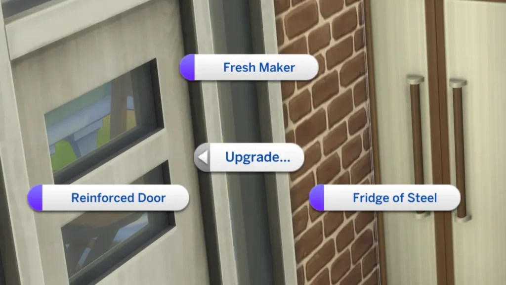 A screenshot from The Sims 4 showing the available fridge upgrades with the handiness skill