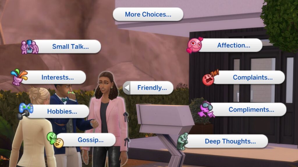 A screenshot from The Sims 4 showing the friendly interactions available 