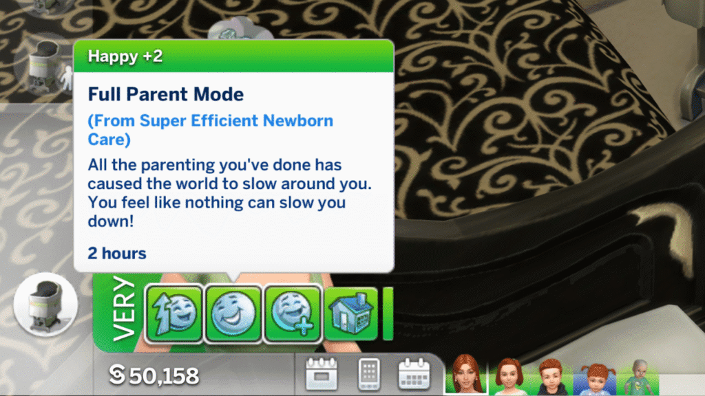 A screenshot from The Sims 4 showing the super parent moodlet a sim gets