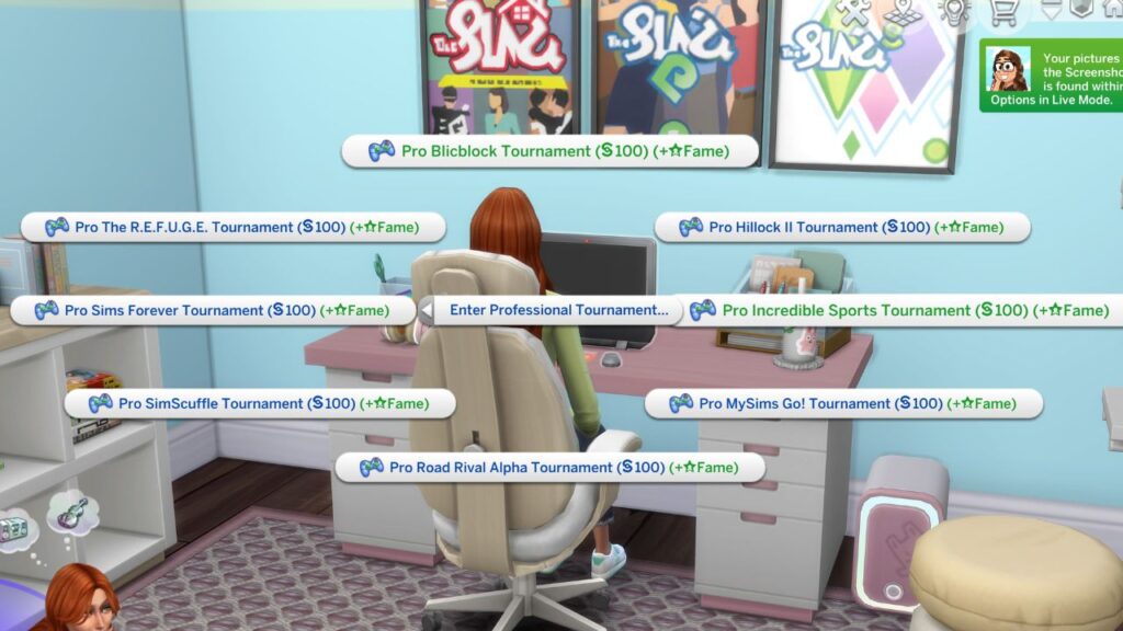 A screenshot from the sims 4 showing the option to enter a gaming tournament and gain fame 
