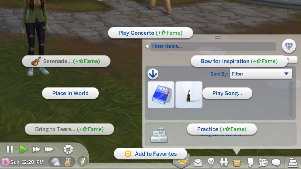 A screenshot from The Sim s 4 showing the options to gain fame from playing violin