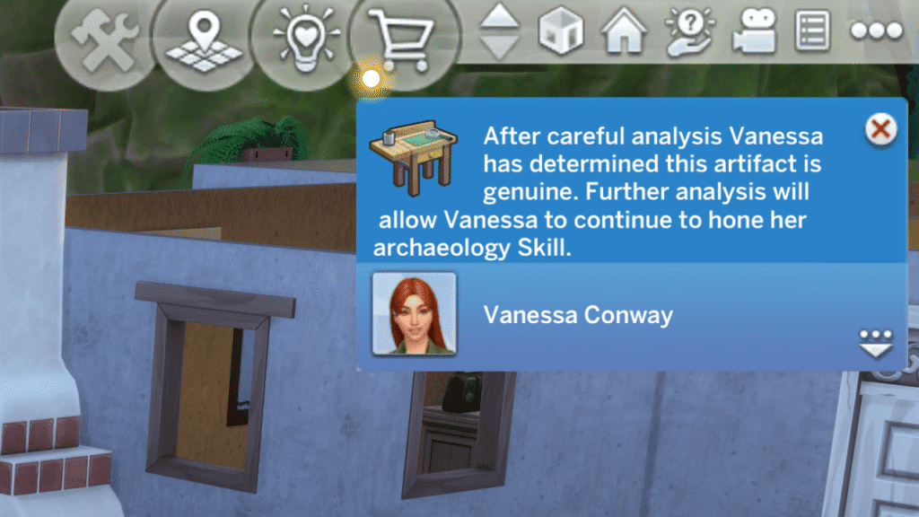 A screenshot from The Sims 4 showing a notification telling the sim that their artifact is genuine 