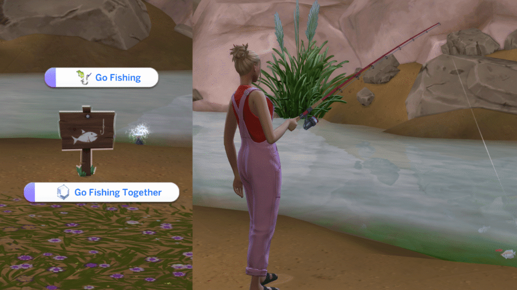 A screenshot from The Sims 4 showing the option to go fishing at a fishing spot