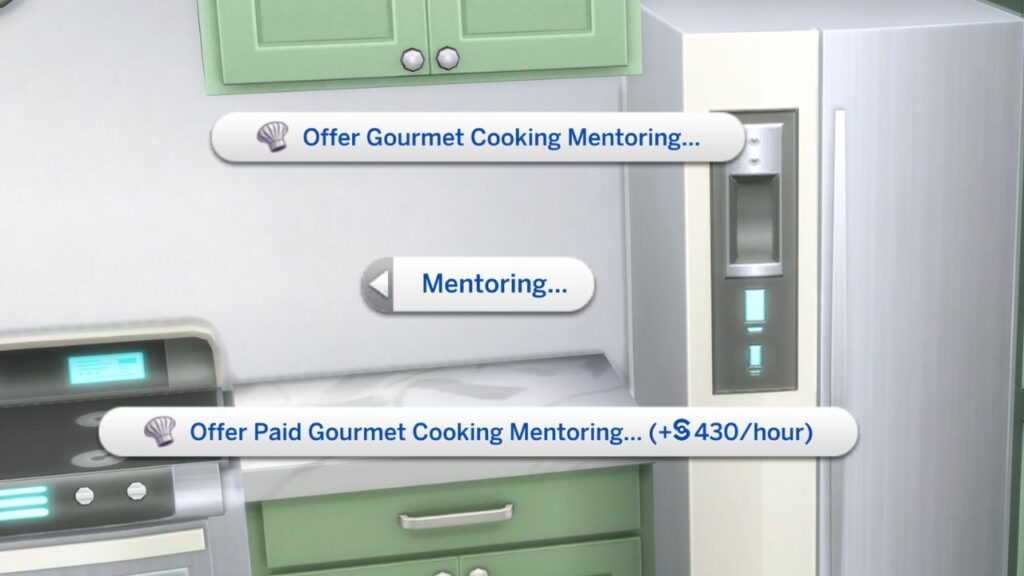 A screenshot from The Sims 4 showing the option to mentor the gourmet cooking skill