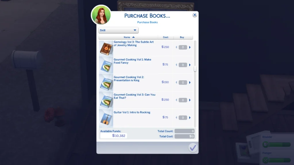A screenshot from the sims 4 showing the options to purchase gourmet cooking books