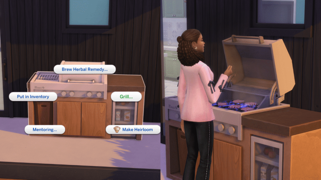 A set of two screenshots from the sims 4. the first has the option to grill on a BBQ and the second is a sim cooking ribs on a grill