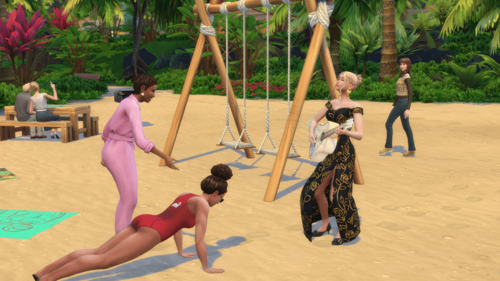 A screenshot from The Sims 4 of a sim playing guitar for tips at a beach 