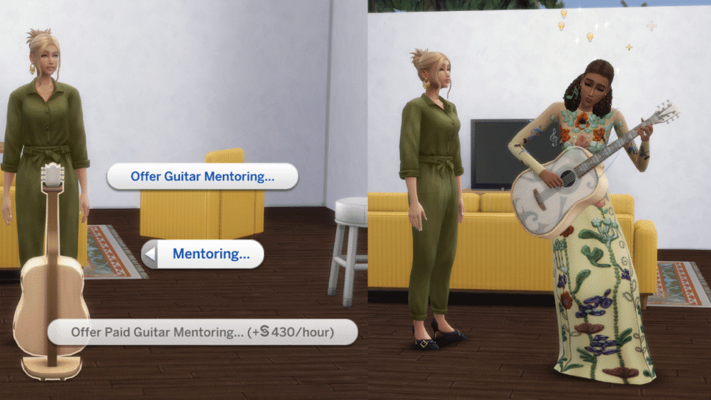 A screenshot from The Sims 4 showing a sim offering guitar mentoring to another sim