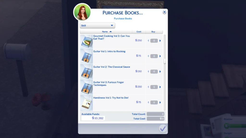 A screenshot from The Sims 4 showing the guitar skill book options 