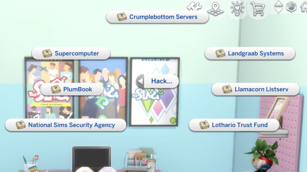 A screenshot from the sims 4 showing the option to hack on a computer