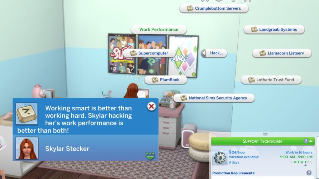 A screenshot from the sims 4 showing the option to hack work performance
