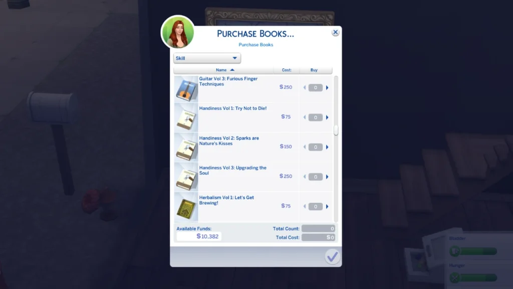 A screenshot from The Sims 4 showing the option to purchase handiness skill books