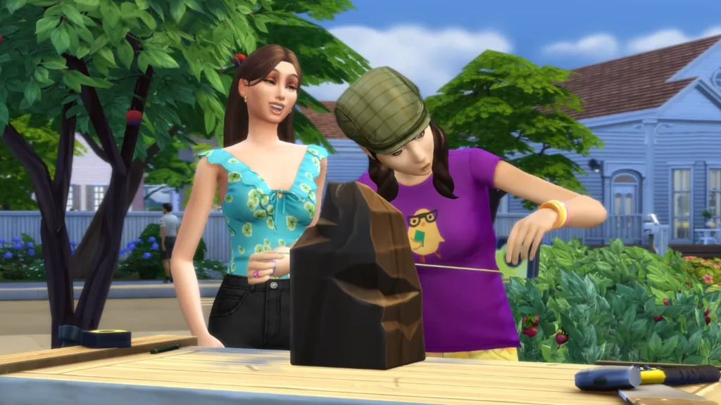 A screenshot from The Sims 4 of a sim mentoring another sim in handiness