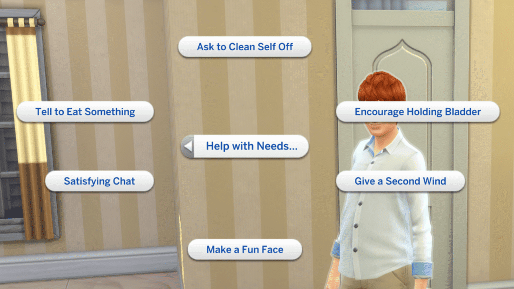 A screenshot from The Sims 4 of a teenager and their menu options under parenting for help with needs
