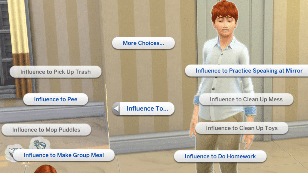 A screenshot from The Sims 4 of a teenager and their menu options for parenting to influence them to do things