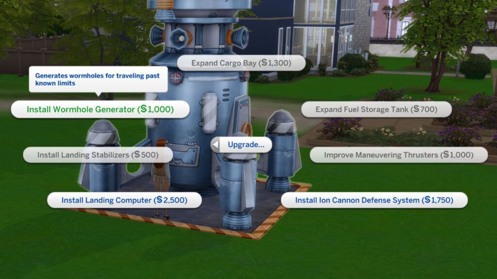 A screenshot from The Sims 4showing the option to install wormhole generator on a rocket ship