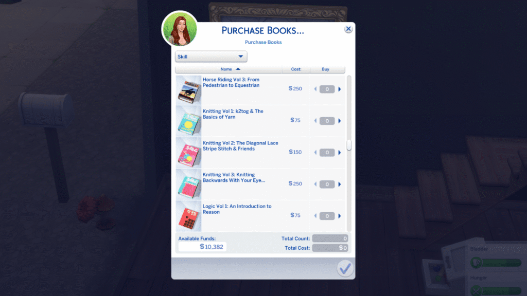A screenshot from The Sims 4 showing the option to purchase knitting skill books