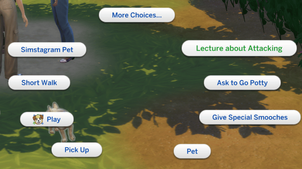 A screenshot from The Sims 4 showing the option to lecture a dog about attacking 