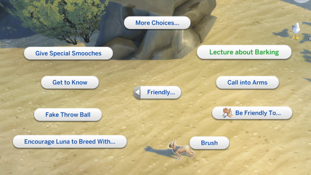 A screenshot from The Sims 4 showing the option to lecture a dog for barking 