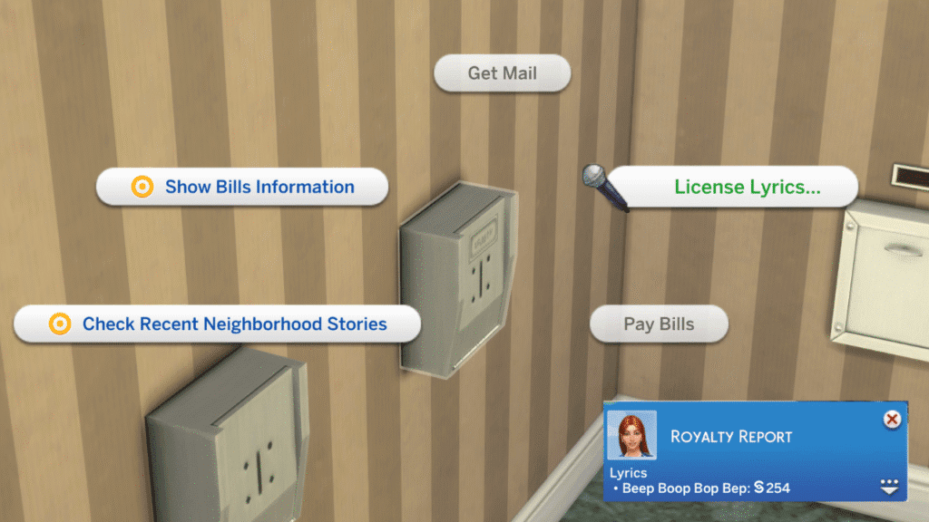 A screenshot from The Sims 4 that shows the option on a mailbox to license lyrics 