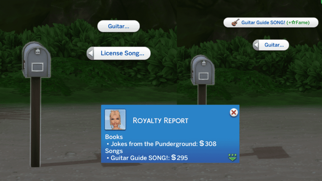 Two screenshots from The Sims 4 showing the options to license guitar songs on the mailbox and the royalties you earn from doing it.