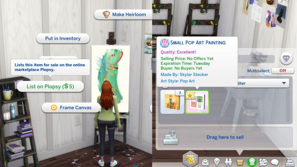 A set of two screenshots from The Sims 4, the first has a painting and list on plopsy highlighted in the menu and the second has the listing in the inventory