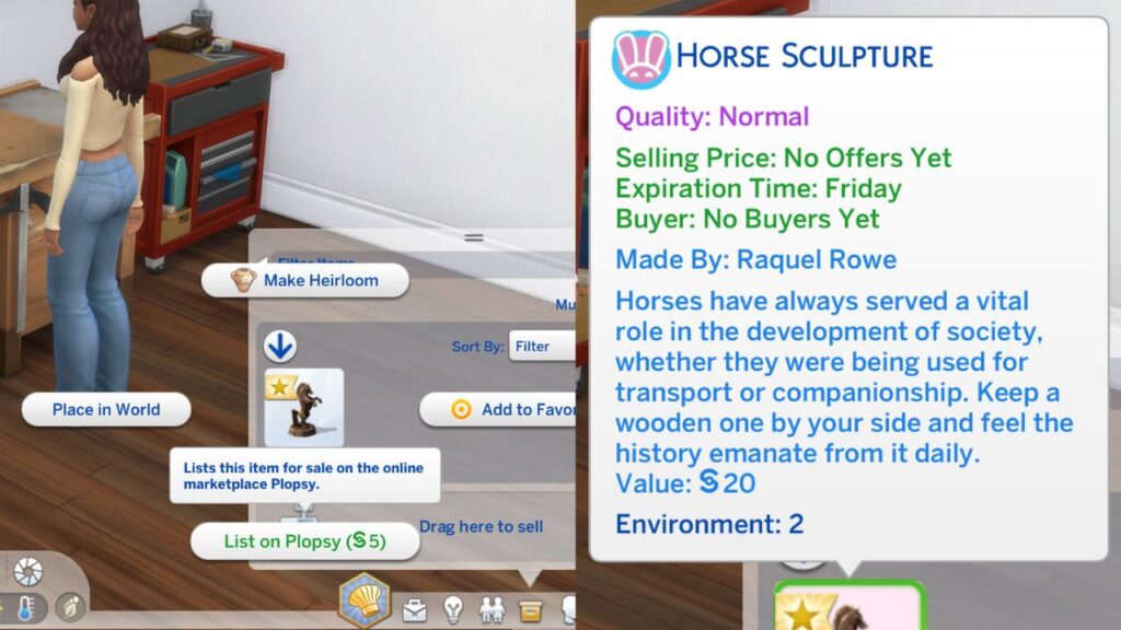 A set of two screenshots from The Sims 4 showing the option to list a sculpture on plopsy