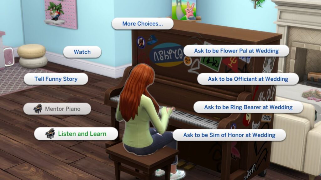 A screenshot from the sims 4 of a sim playing piano with the menu open and listen and learn highlighted