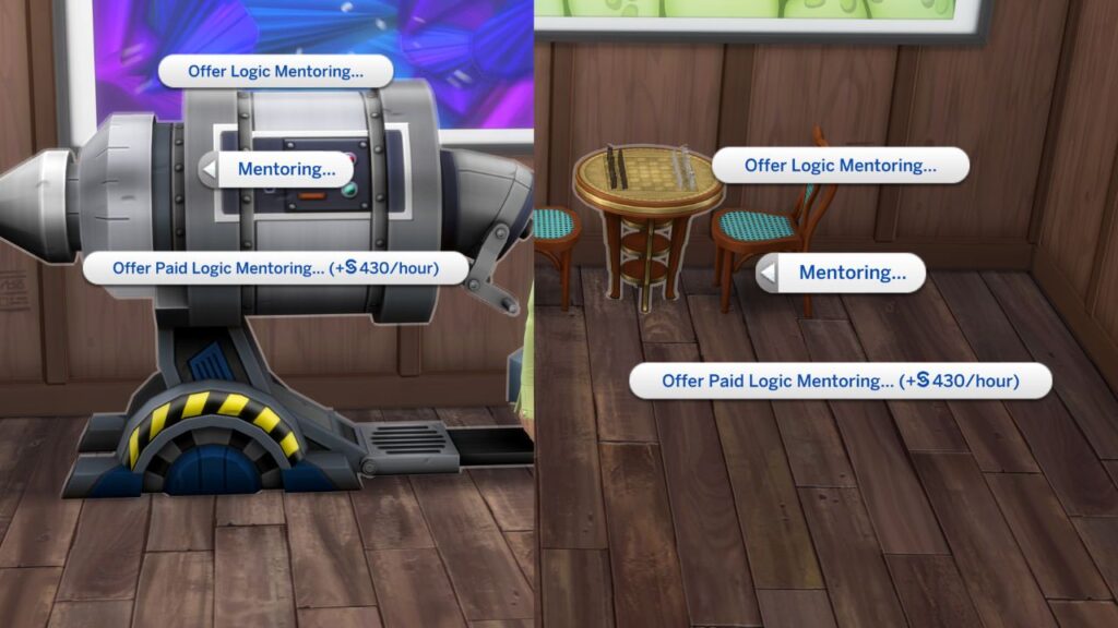 A screenshot from The Sims 4 showing the mentoring options for logic 