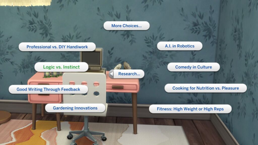 A screenshot from the sims 4 showing the option to research logic on the archive machine 