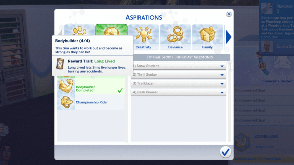 A screenshot from The Sims 4 showing the bodybuilder aspiration completed with the long lived trait showing 