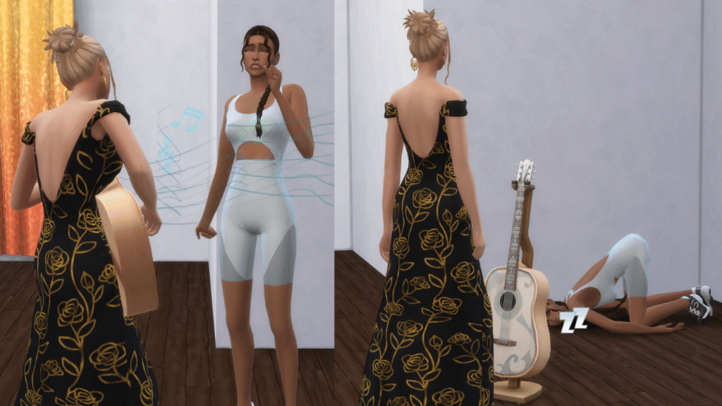 Two screenshots from The Sims 4. The first is a sim lulling another sim to sleep and the second is a sim passed out on the ground 