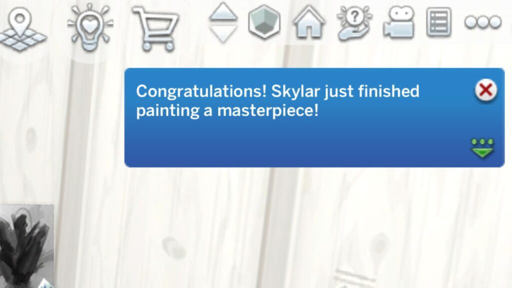 A screenshot from The Sims 4 showing that a sim just painted a masterpiece