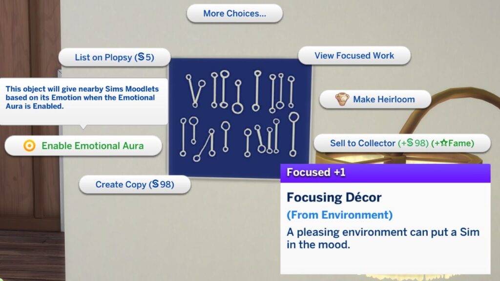A screenshot from The Sims 4 of a mathematical diagram and its moodlet