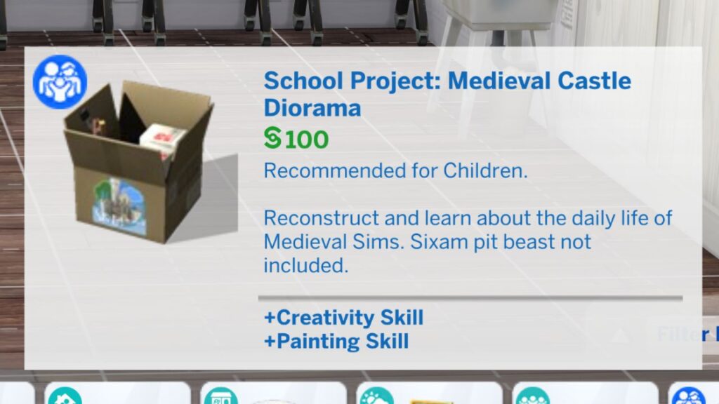A screenshot from the sims 4 of the medieval castle diorama school project