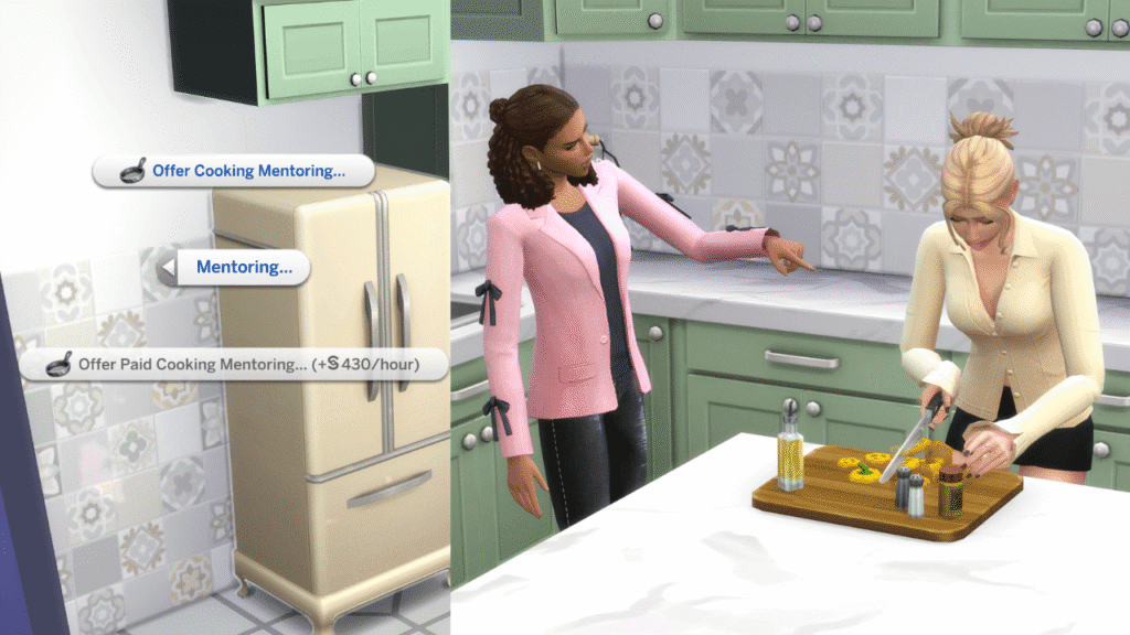 A set of two screenshots from The Sims 4 showing the option to mentor cooking and then a sim mentoring another in cooking