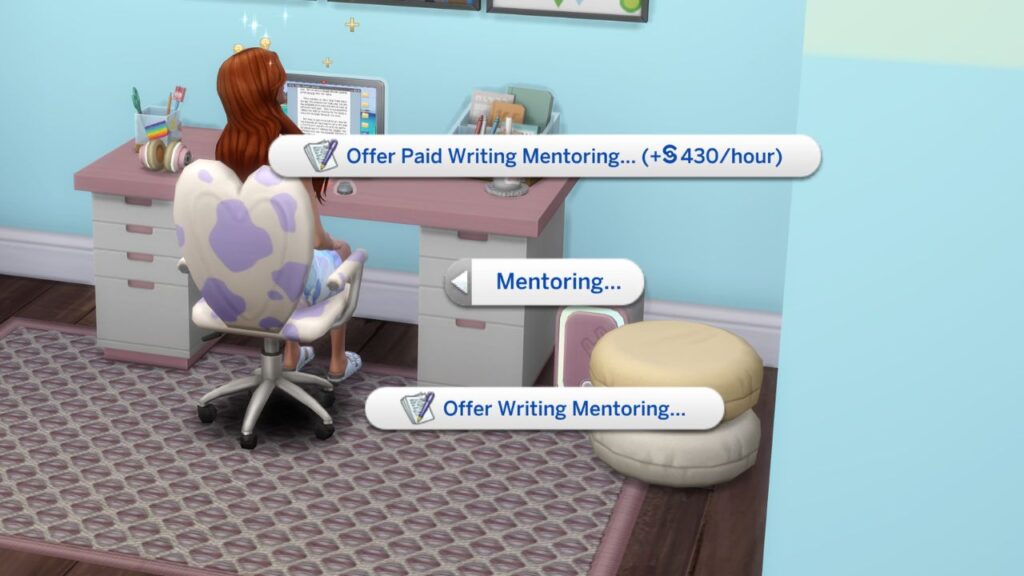 A screenshot from The Sims 4 showing the options to mentor writing 