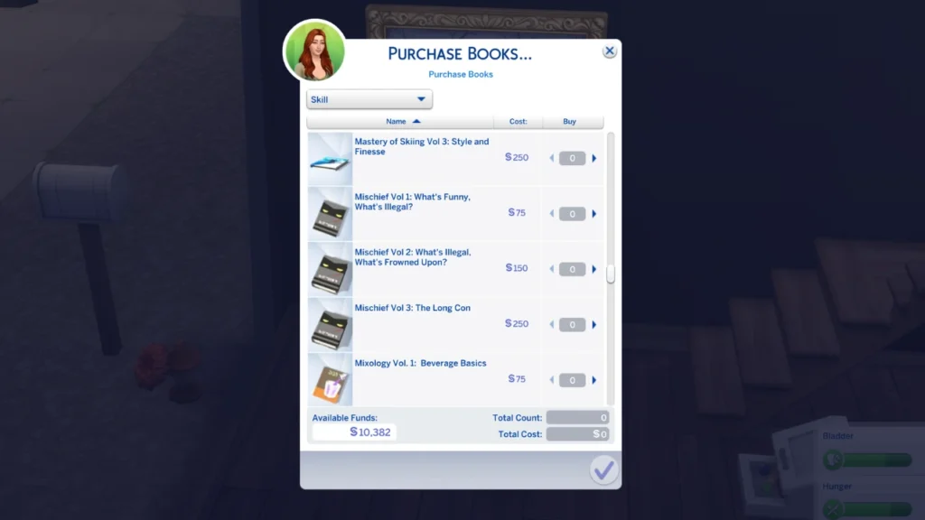 A screenshot from The Sims 4 showing the mischief skill books