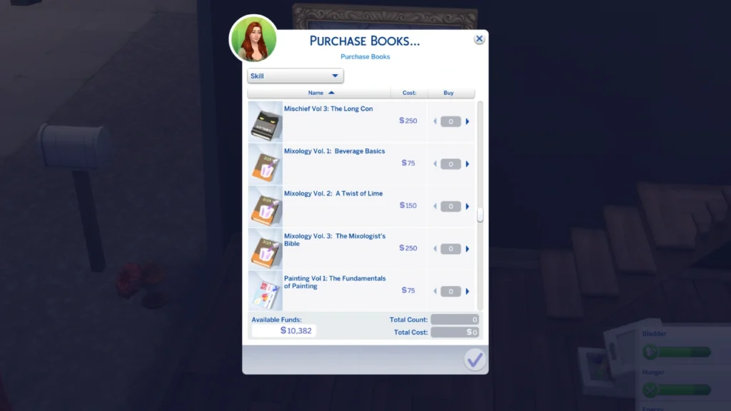 A screenshot from The Sims 4 showing the mixology skill books you can purchase