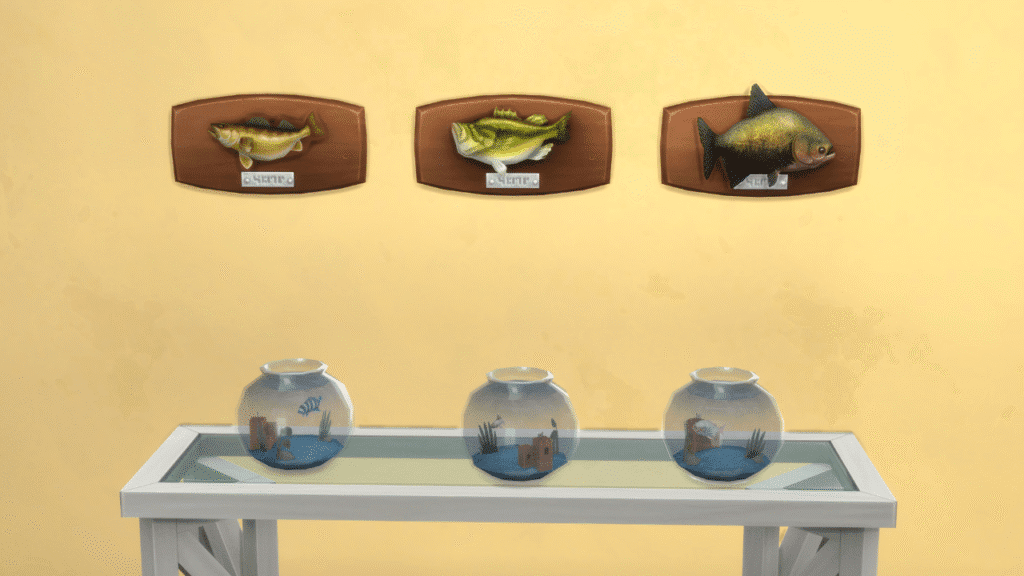 A screenshot from The Sims 4 showing 3 mounted fish and 3 fish in fish bowls