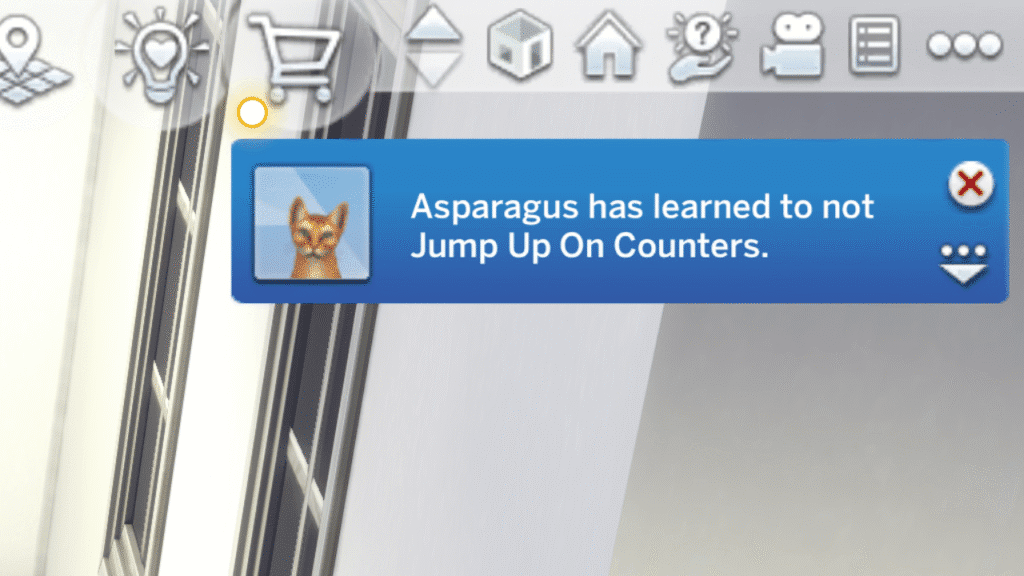 A screenshot from The Sims 4 showing a notification of a cat learning not to jump on counters 