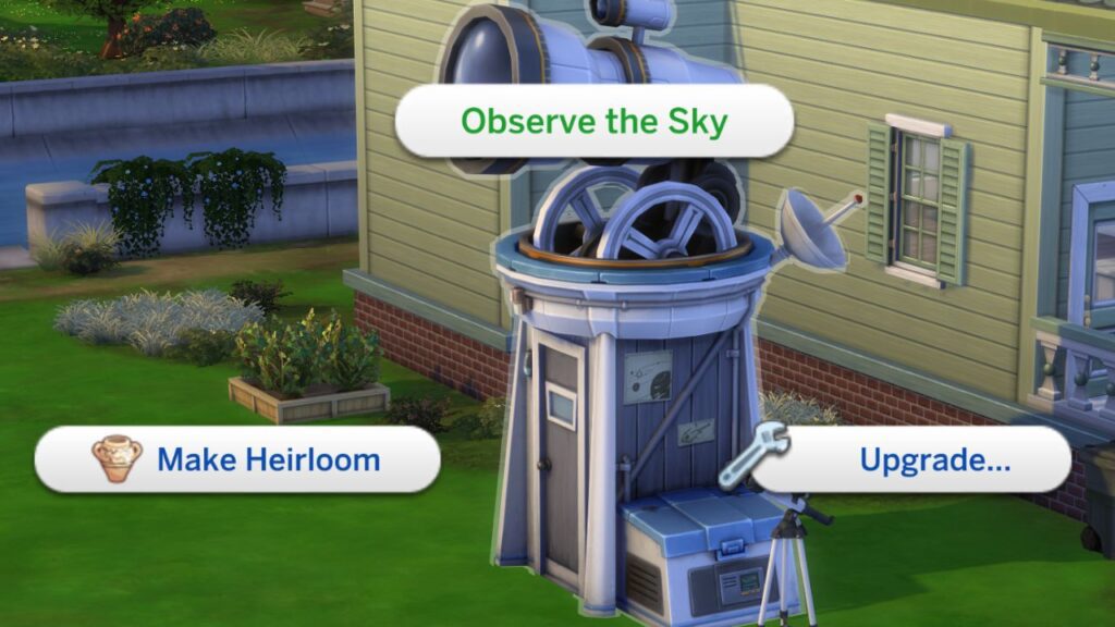 The backyard observatory from the sims 4 with the observe the sky option highlighted 