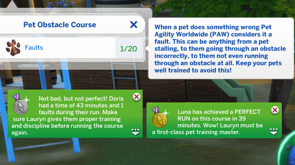A screenshot from The Sims 4 showing the options to run a pet obstacle course and scores for two different dogs 