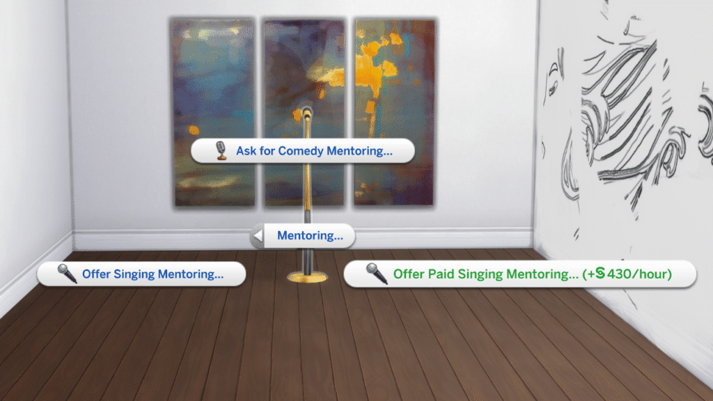 A screenshot from The sims 4 that shows the option for paid mentoring for singing on a microphone 