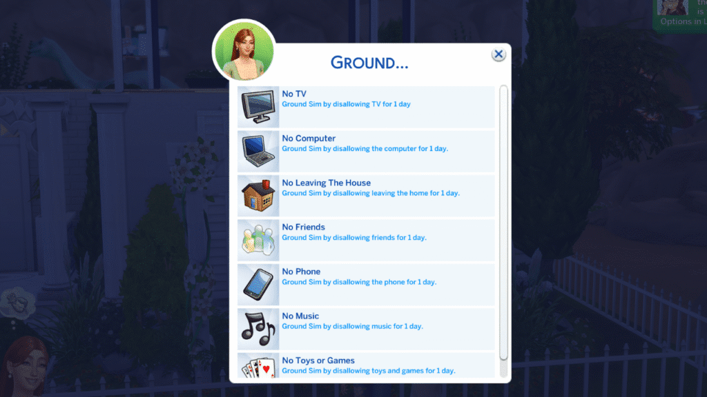 A screenshot from The Sims 4 of showing the different grounding options for a teenager