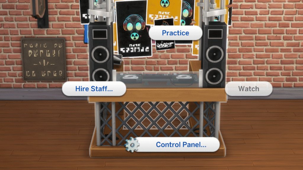 A screenshot from The Sims 4 of all the menu options on the DJ booth when you first start gaining the skill. 