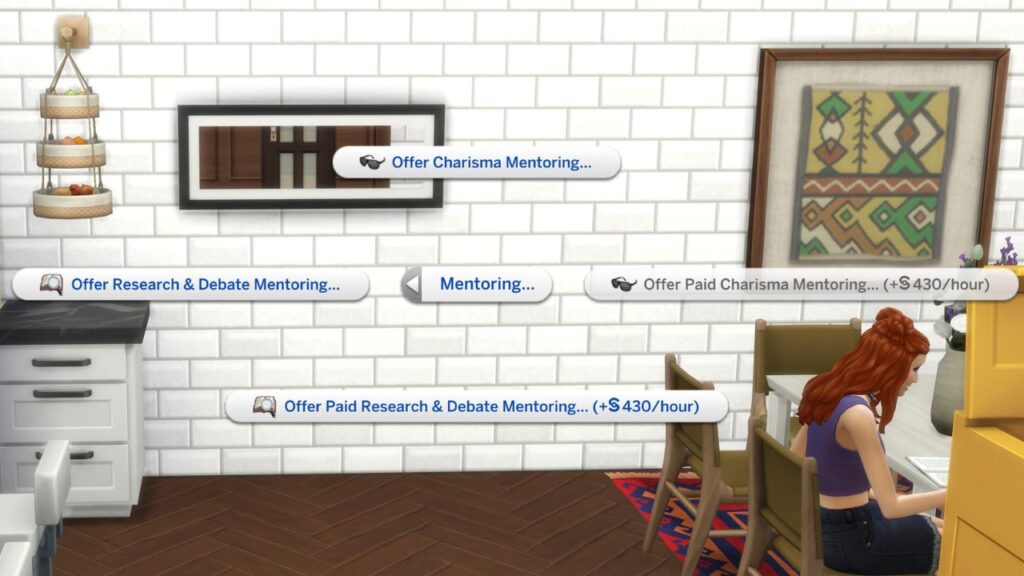 A screenshot from The Sims 4 showing the options to mentor in both research & debate and charisma 