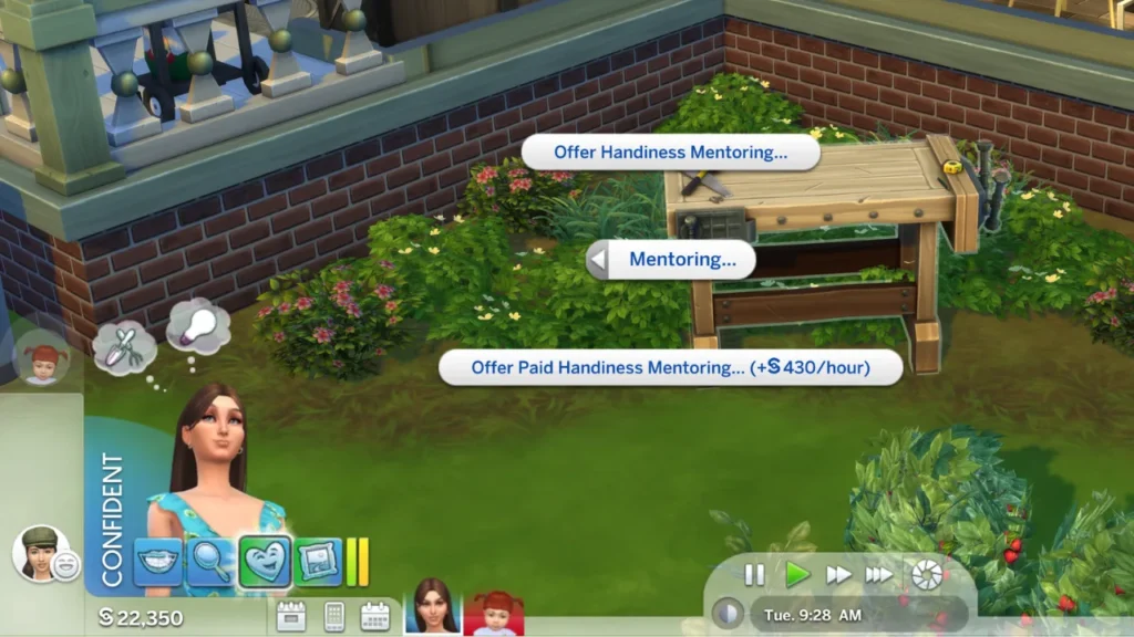 A screenshot from The Sims 4 showing the options to mentor other sims in handiness