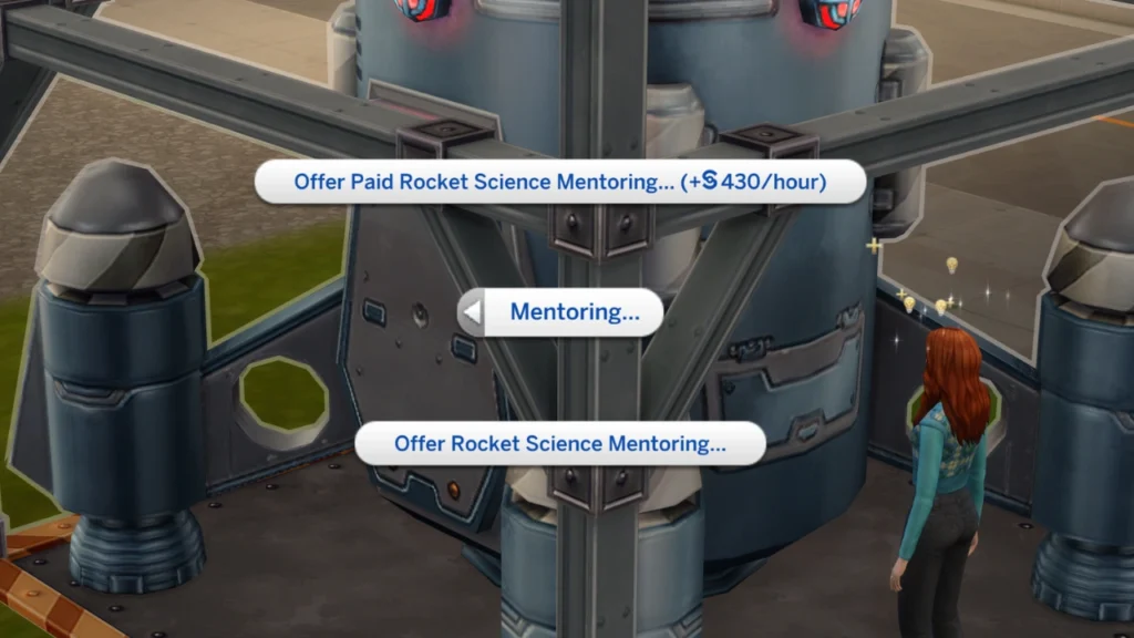 A screenshot from The Sims 4 of the options to mentor a sim in rocket science.